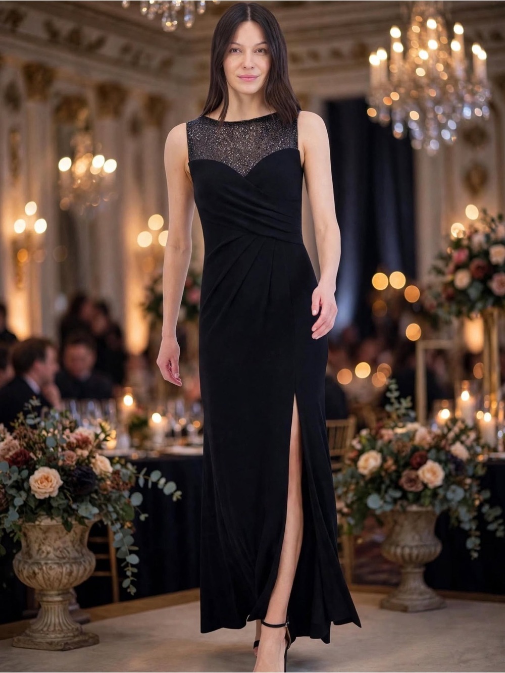 Vince Camuto Sequin Mesh Yoke Column Gown size 6.